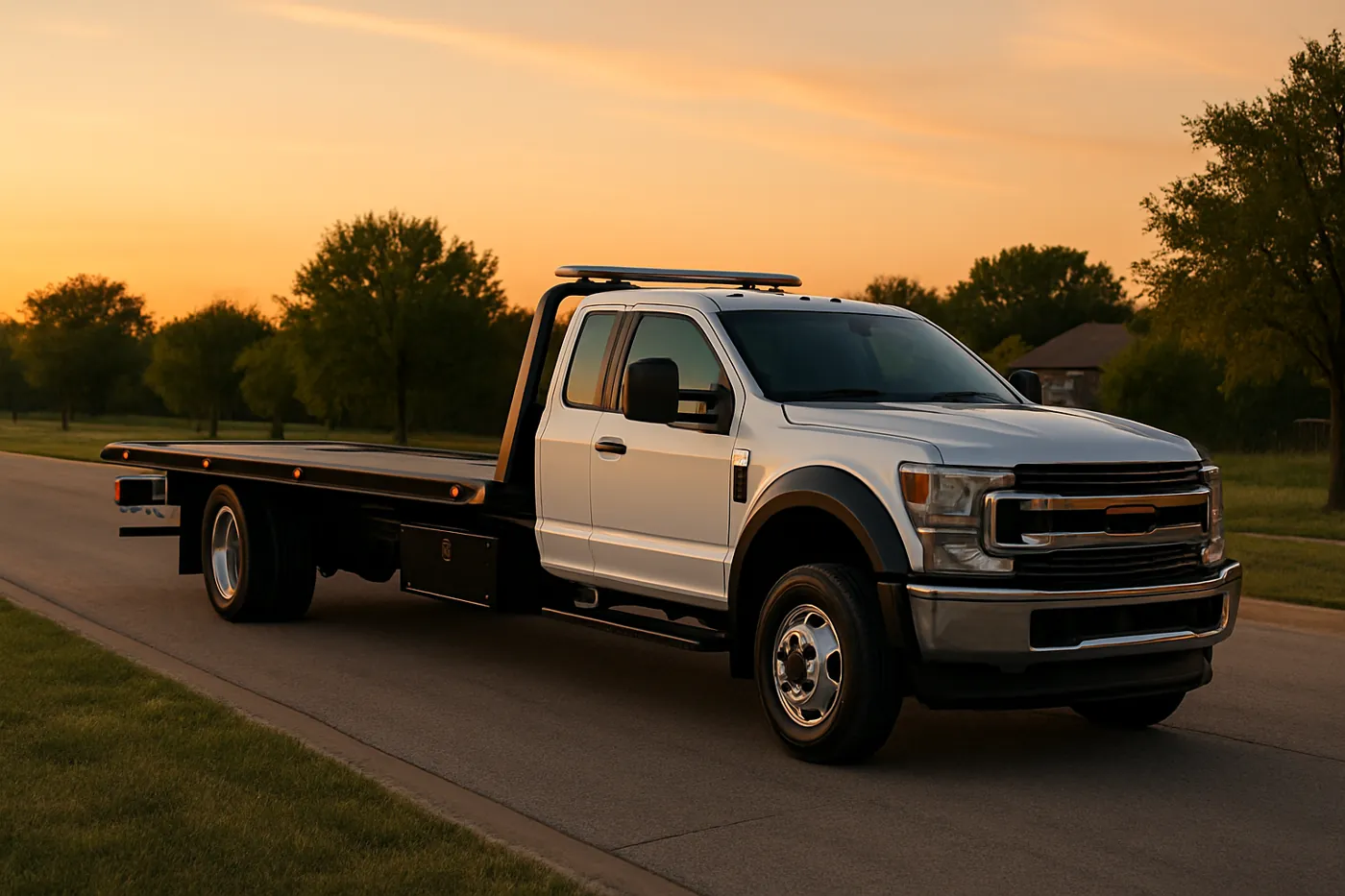A tow truck on a Cedar Hill, TX road at dusk