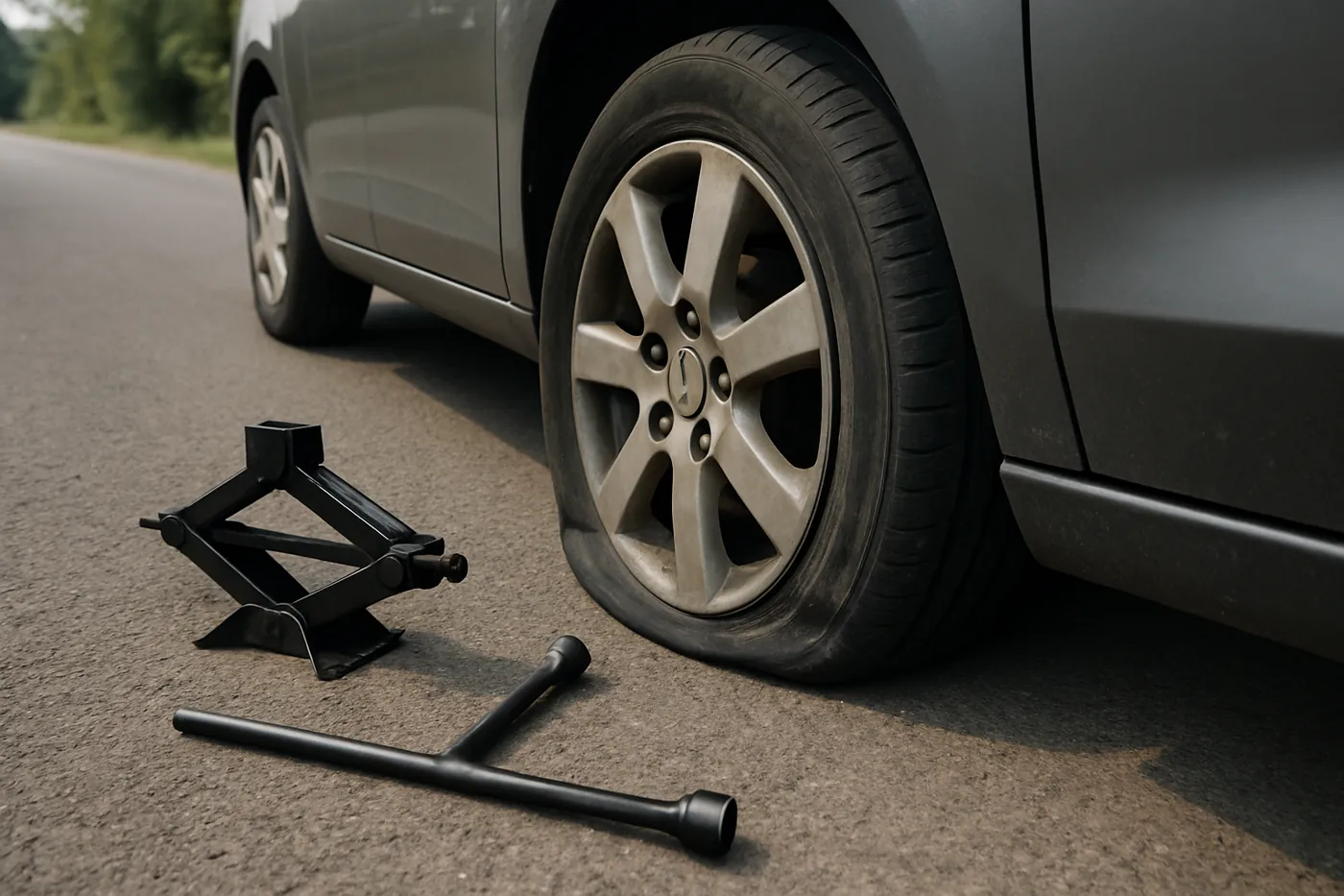 Flat tire being changed at the roadside in Cedar Hill, TX